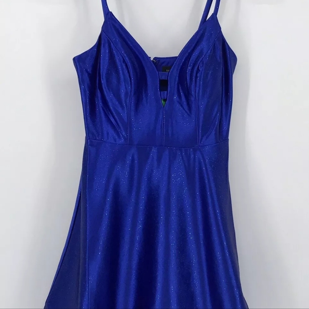 Teeze Me Fit & Flare dress XSmall Blue Sparkles Zip Adjustable Straps V Neck